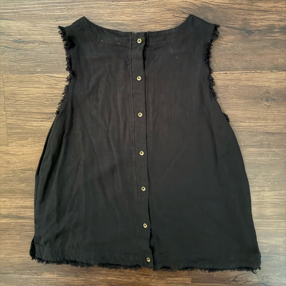 Umgee Linen Blend Sleeveless Tank Top Button Back Closure Frayed Edges Black Med - Picture 5 of 5